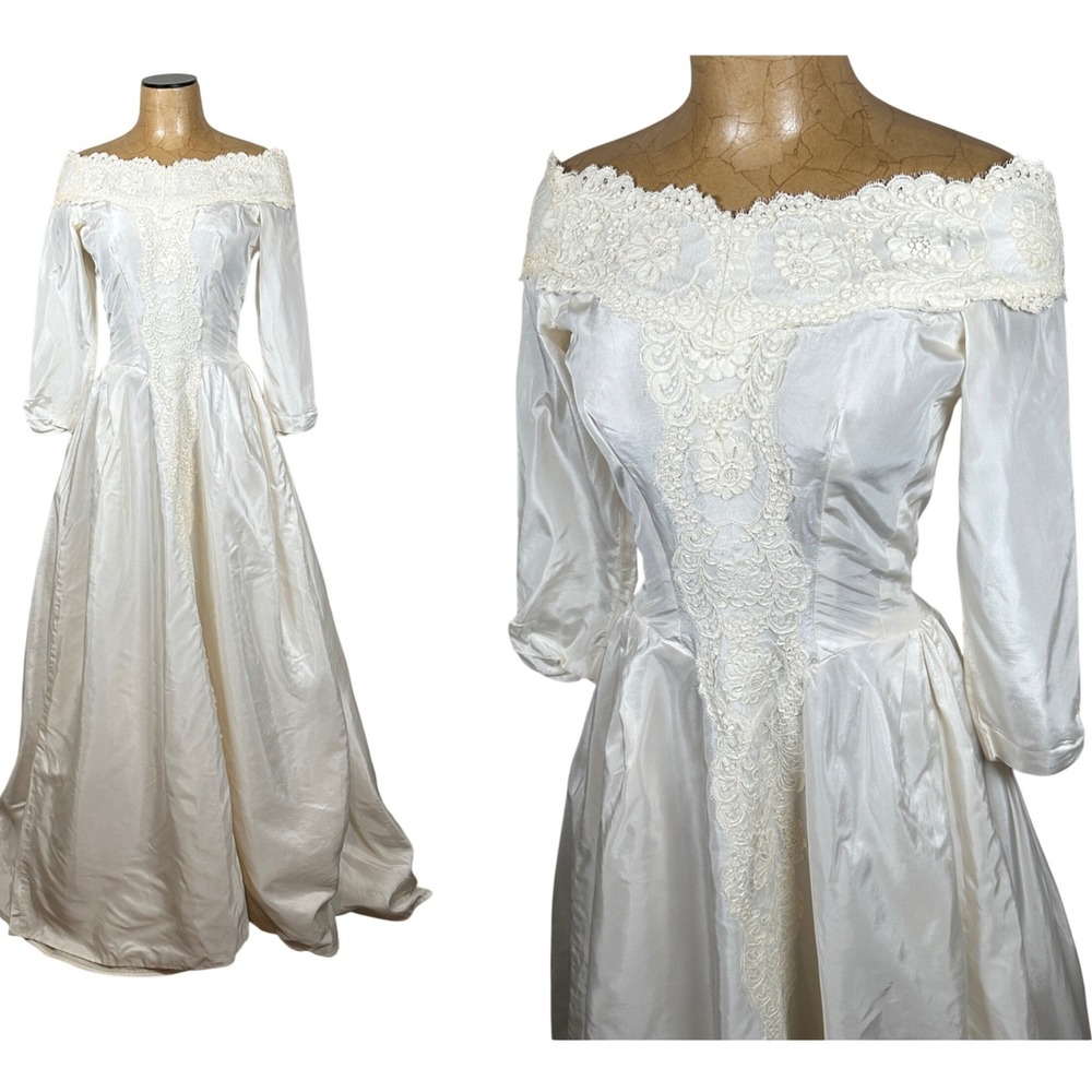Miss Betsy Vintage 50s 60s Off Shoulder Lace Satin Wedding Dress Ivory Cream